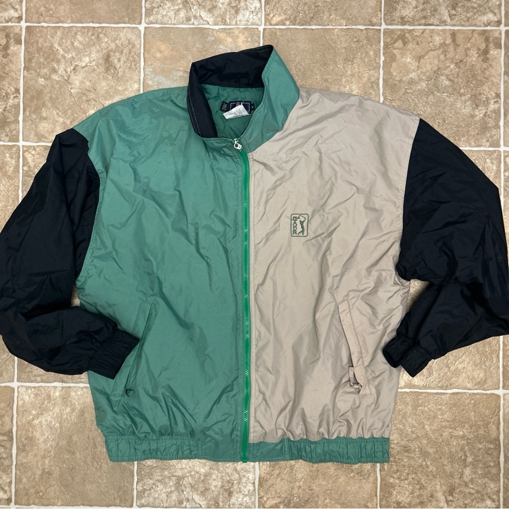 Vintage PGA Tour Jacket Mens XLg  Tan Coloblock Senco Full Zip Golf Windbreaker
